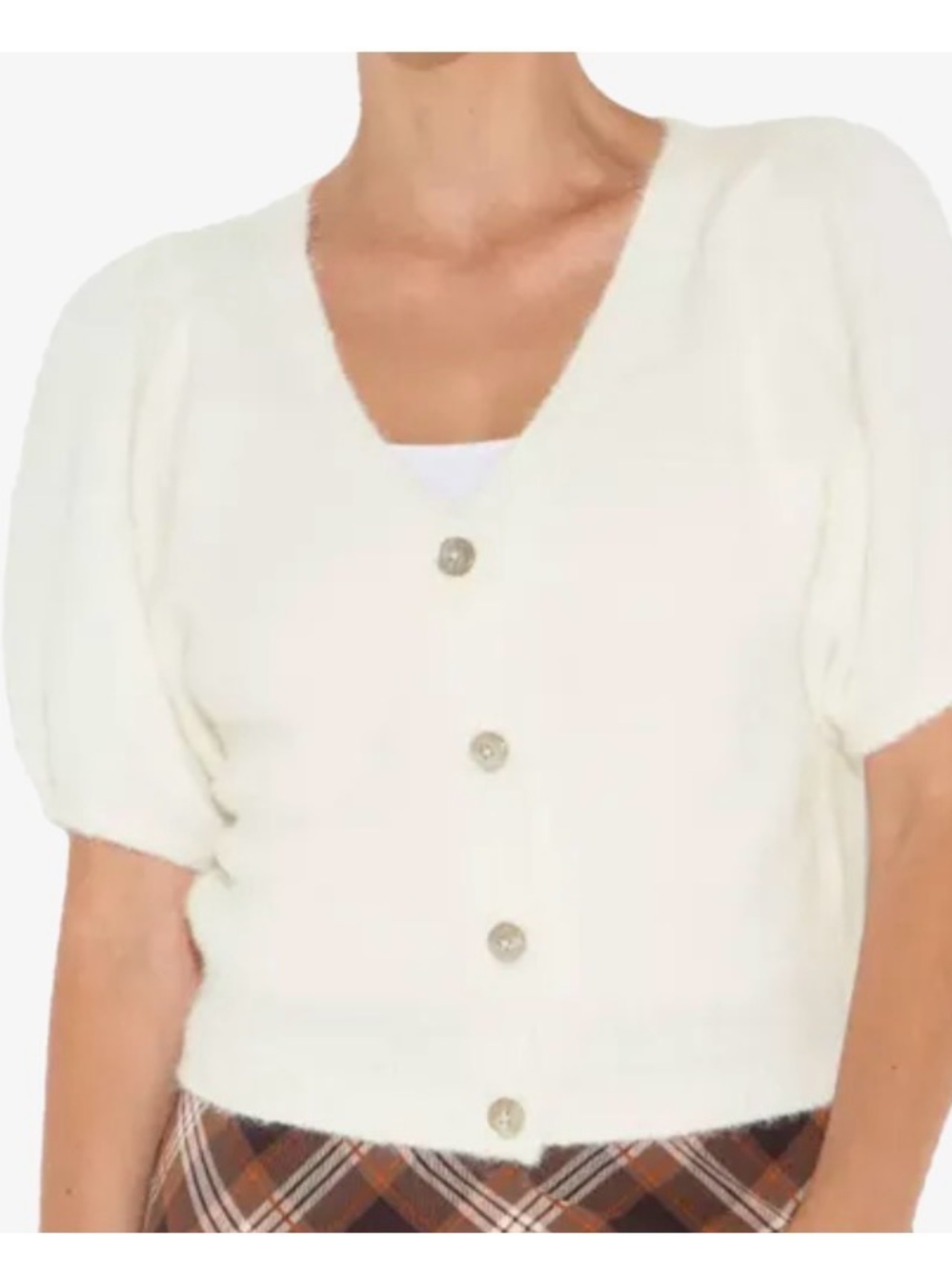 wild fable Ivory V-Neck Puff-Sleeve Button Cardigan
